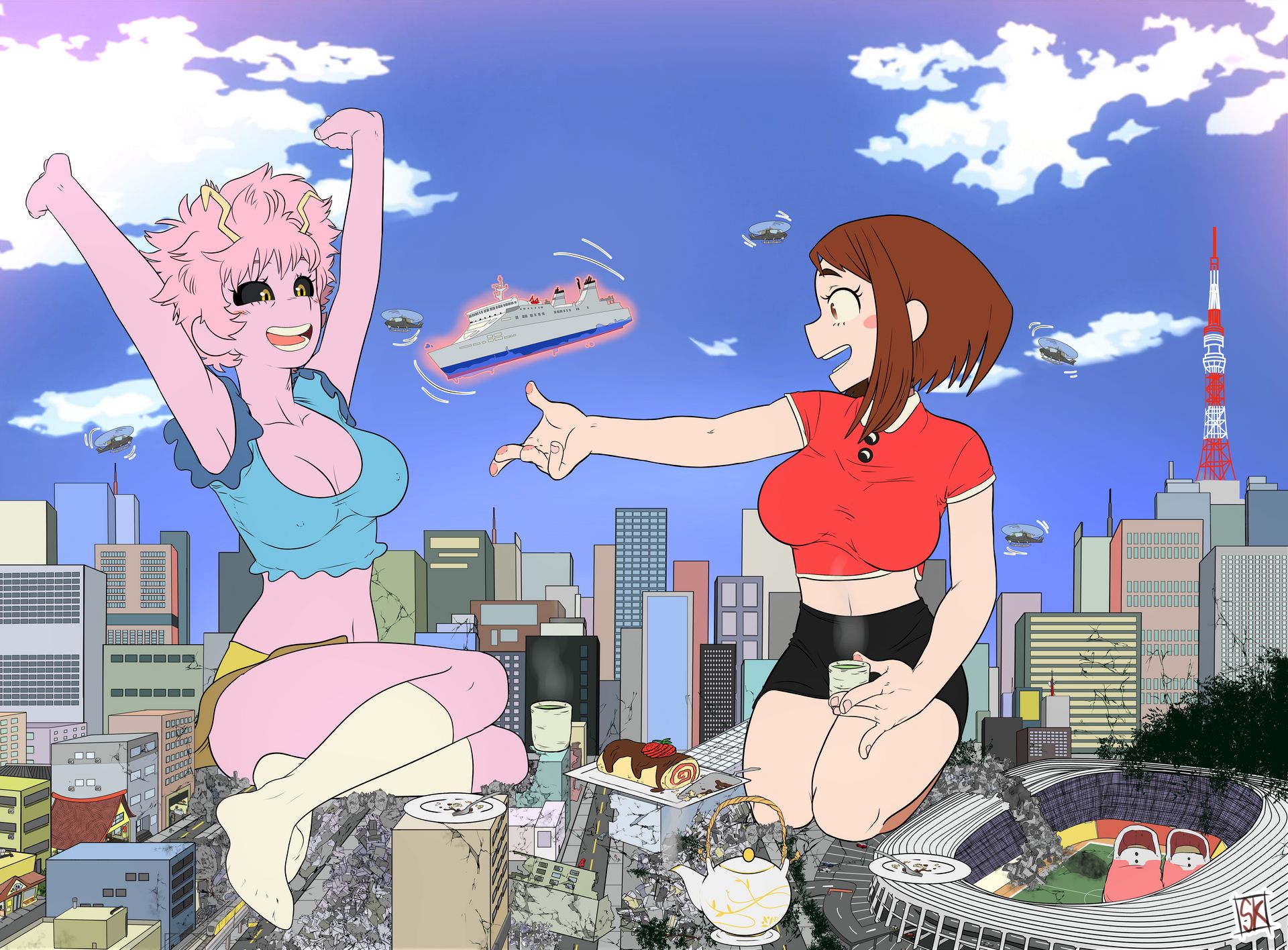 Giantesses Mina and Ochako.